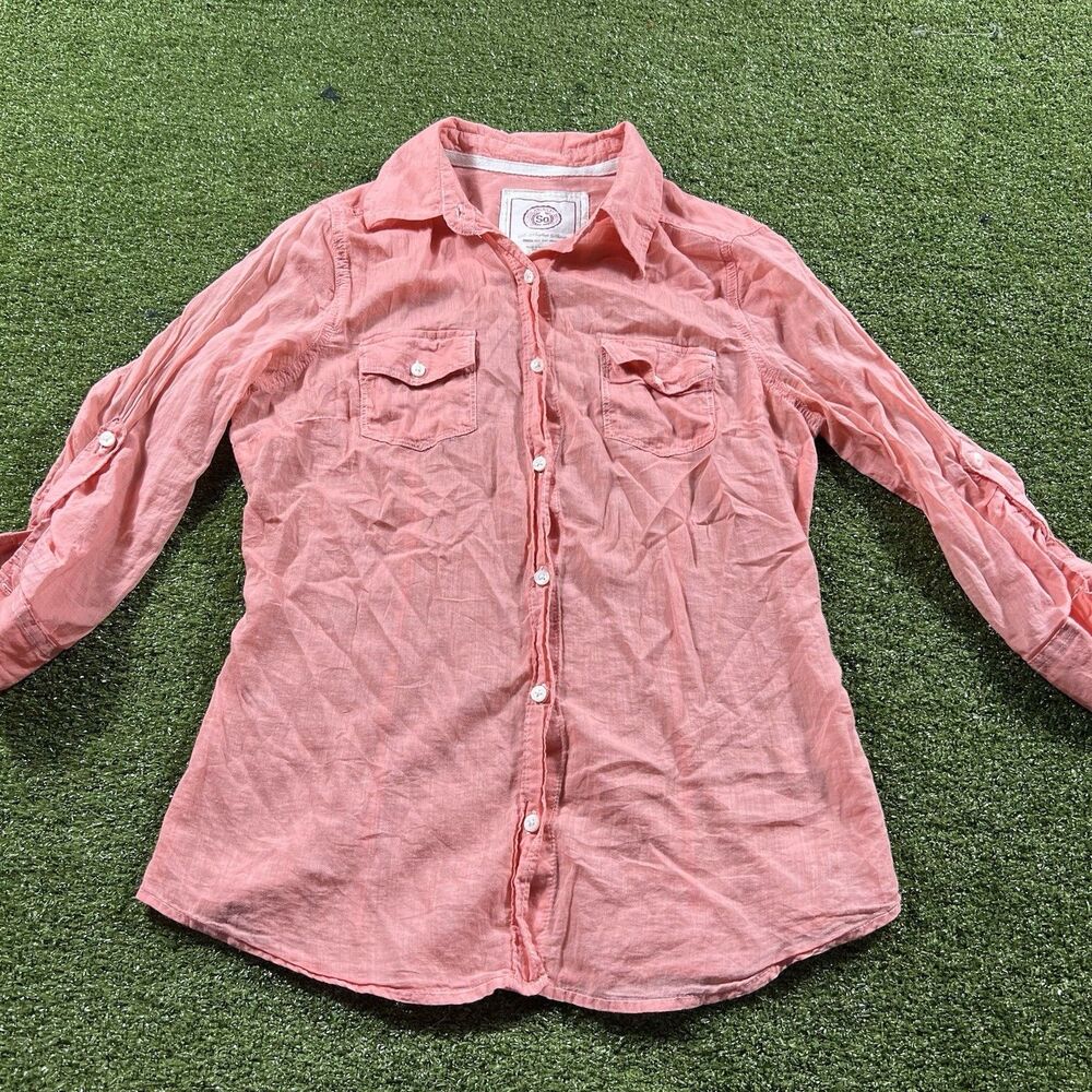 SO Women’s Shirt Size M Roll Tab Sleeve Button Down Casual